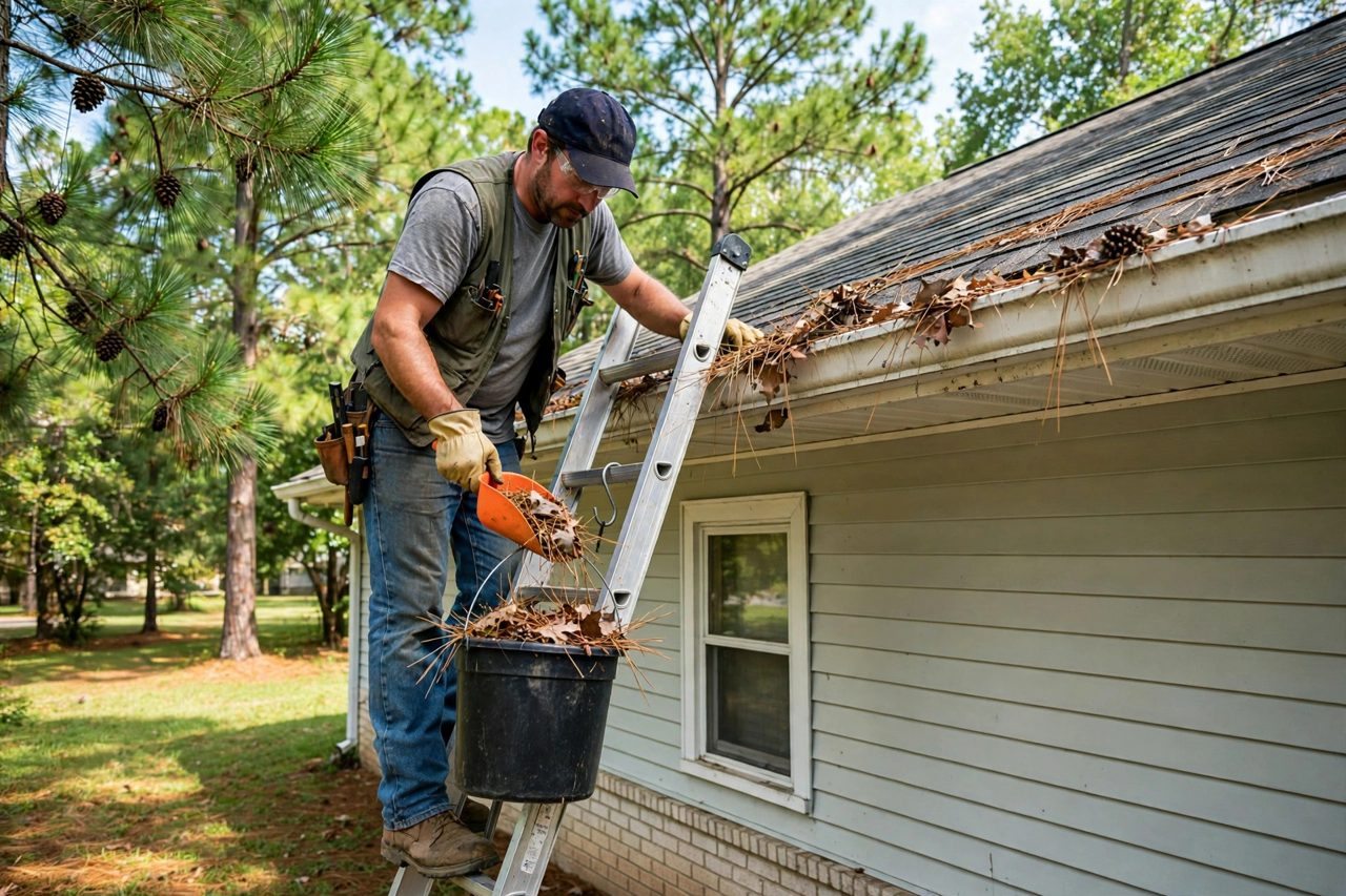 Worker cleaning pine needles and debris out of a gutter by hand from a ladder