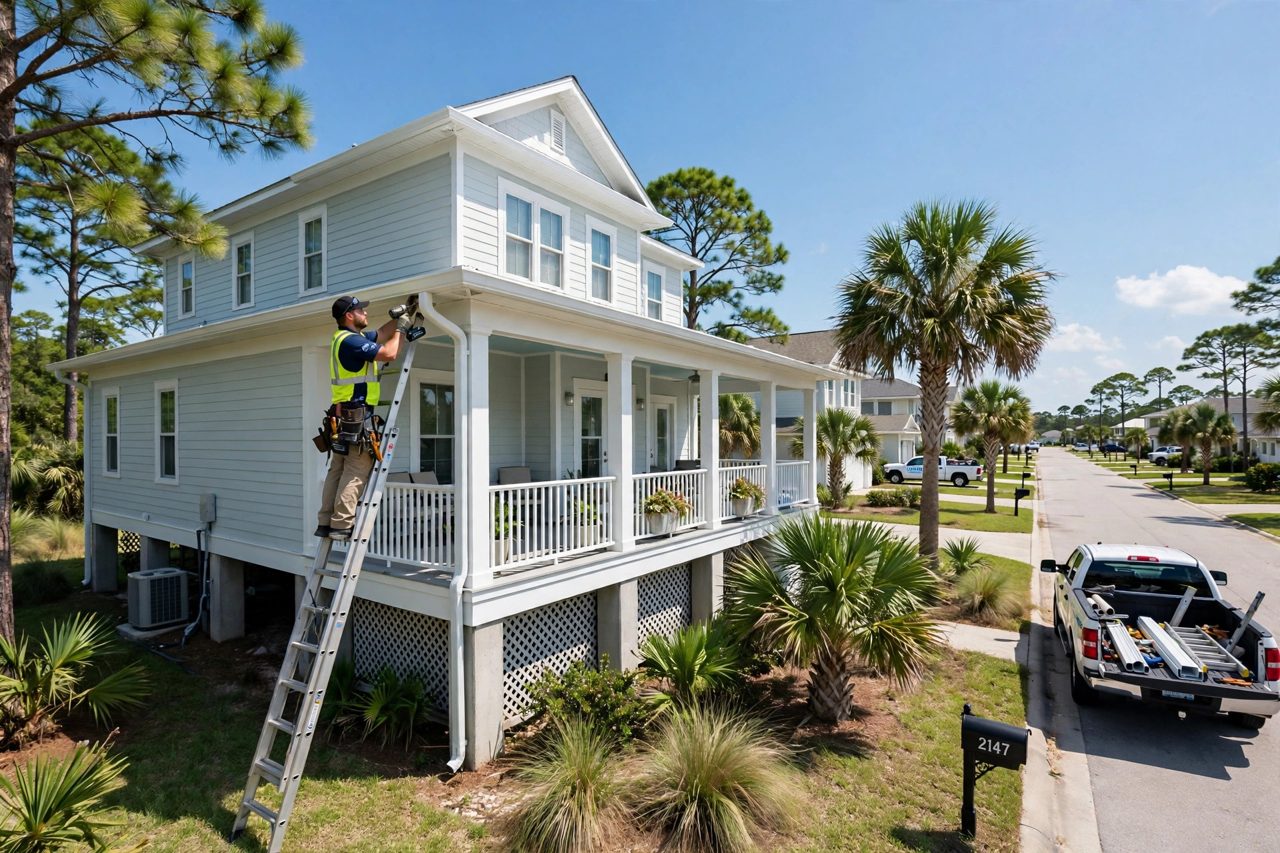 Installer fitting a new seamless gutter on a raised Gulf Coast home in Biloxi, MS, with palm and pine trees