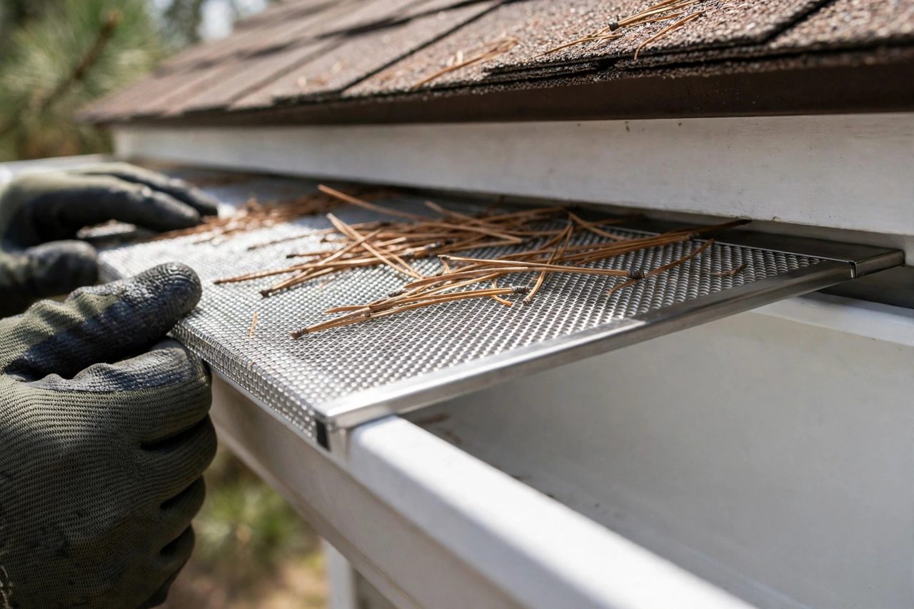 Micro-mesh gutter guard installed on a gutter with pine needles resting on top, unable to enter