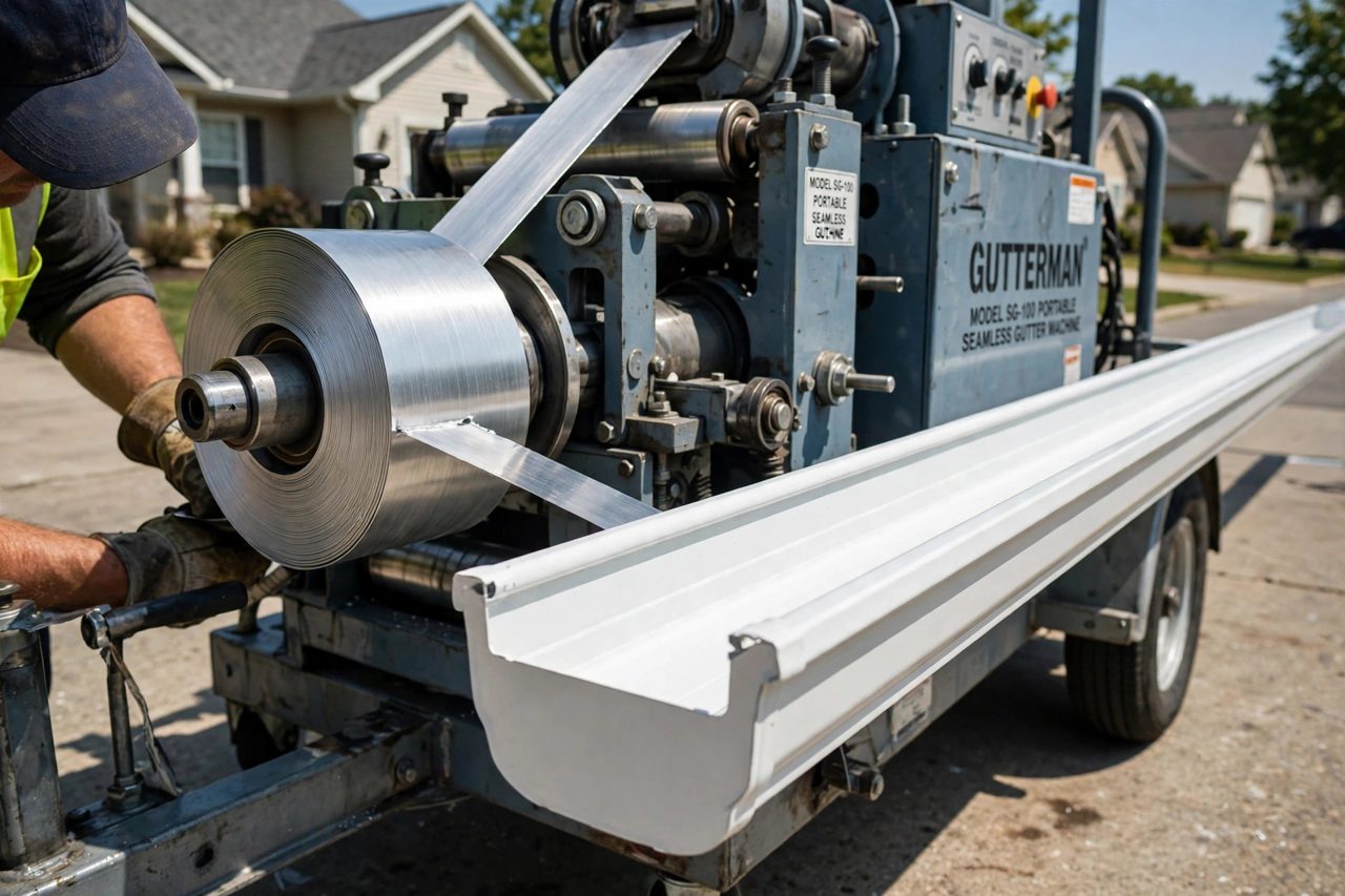 Seamless gutter machine forming a continuous white aluminum gutter from coil stock in a Biloxi driveway